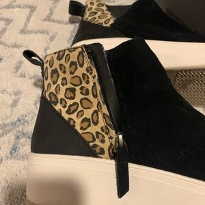 Toms Black Suede Platform Ankle Boots with Leopard Accent